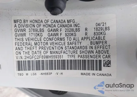 2021 Honda Civic Sport z USA, uszkodzony, nr VIN 2HGFC2F89MH559351